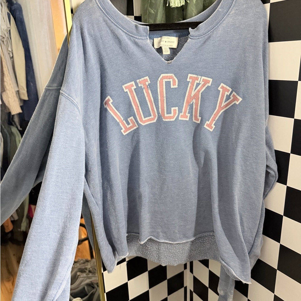 Lucky Brand Blue Sweater with Pink Lettering